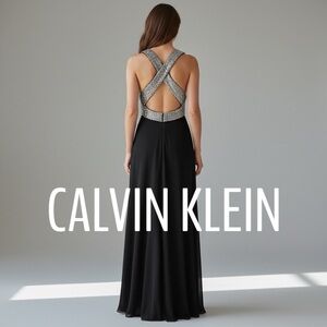 CALVIN KLEIN Black knit Silver sequin Halter Maxi Prom Dress NWT SZ 8